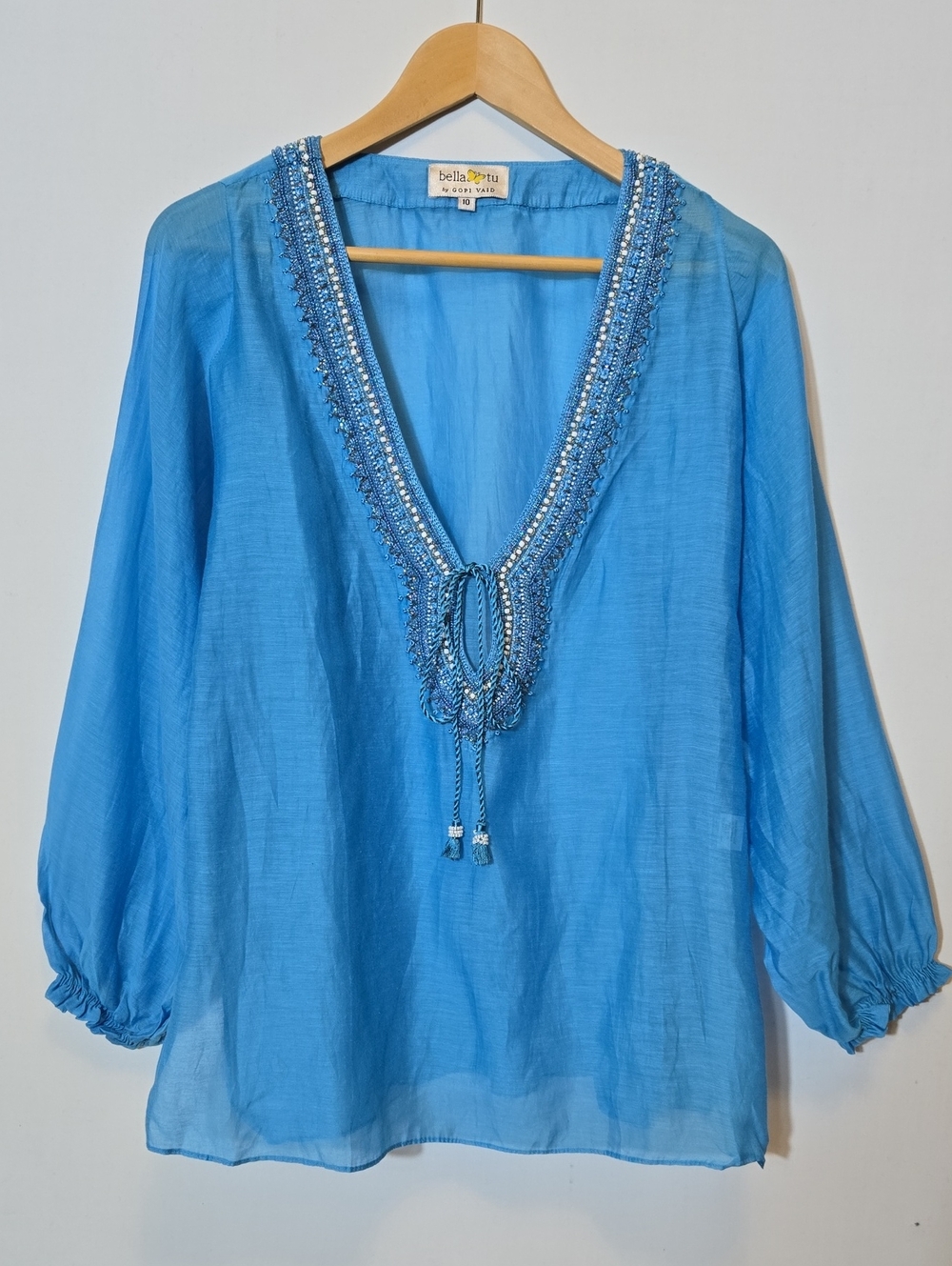 Bella Tu By Gopi Vaid Beaded Silk Cotton Tunuc Top Size 10 Beach Vacation Cruise